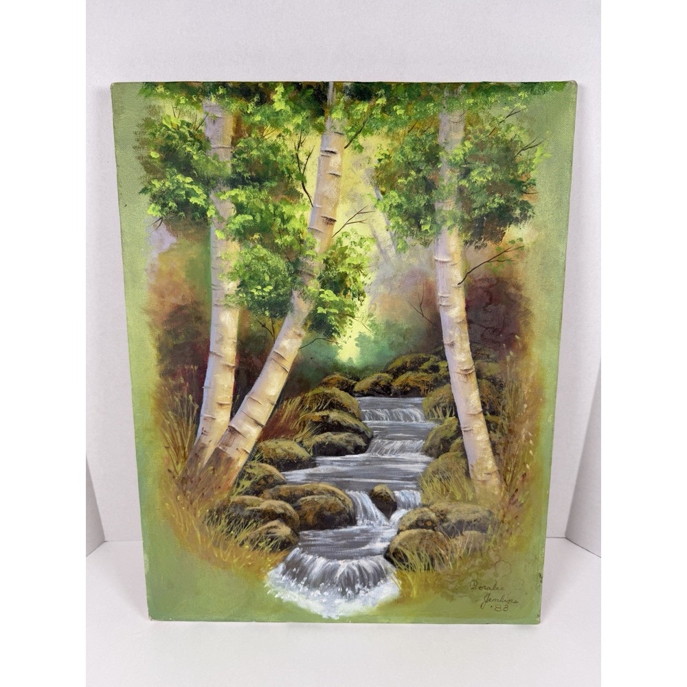 Original Oil Painting Trees Waterfall Landscape Signed On Canvas 14x18